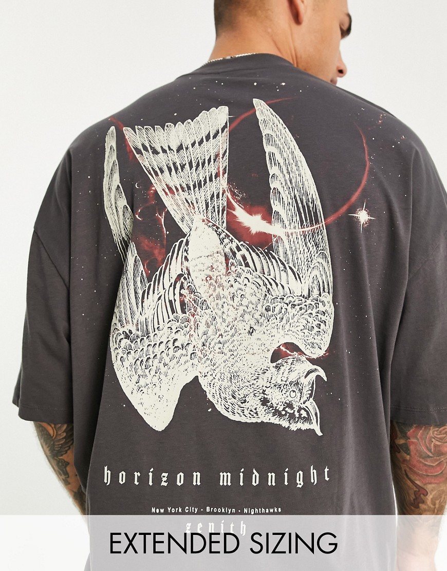 ASOS DESIGN oversized T-shirt in dark gray with bird back print