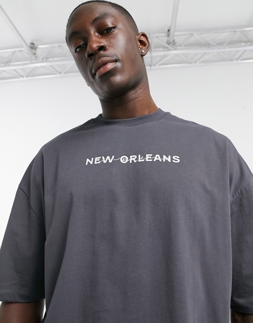 Asos Design Oversized T-shirt In Dark Gray With City Print-grey