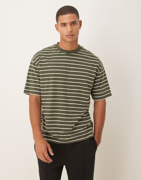 ASOS DESIGN oversized t-shirt in dark green and ecru stripes - view 1
