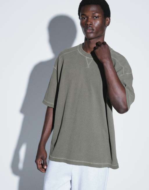 ASOS DESIGN oversized t-shirt in dark green washed waffle, 3 of 5