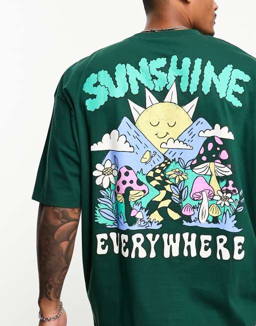 ASOS DESIGN oversized t-shirt in dark green with cartoon sunshine back print