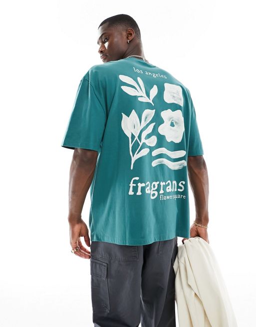 FhyzicsShops DESIGN oversized t-shirt gesticktem in dark green with floral back print
