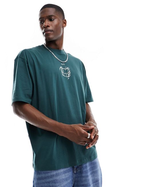 ASOS DESIGN oversized t-shirt in dark green with line drawing