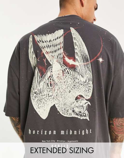 ASOS DESIGN oversized t-shirt in dark grey with bird back print