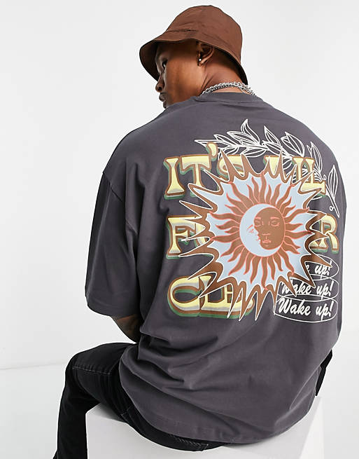  oversized t-shirt in dark grey with celestial front and back print 