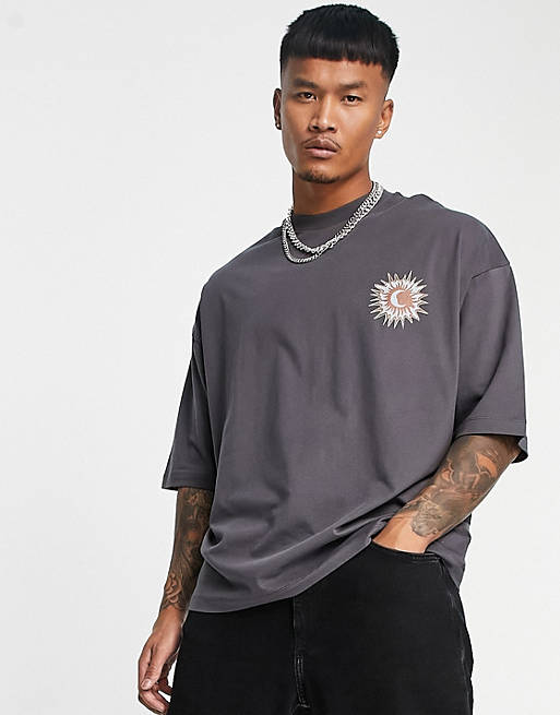  oversized t-shirt in dark grey with celestial front and back print 