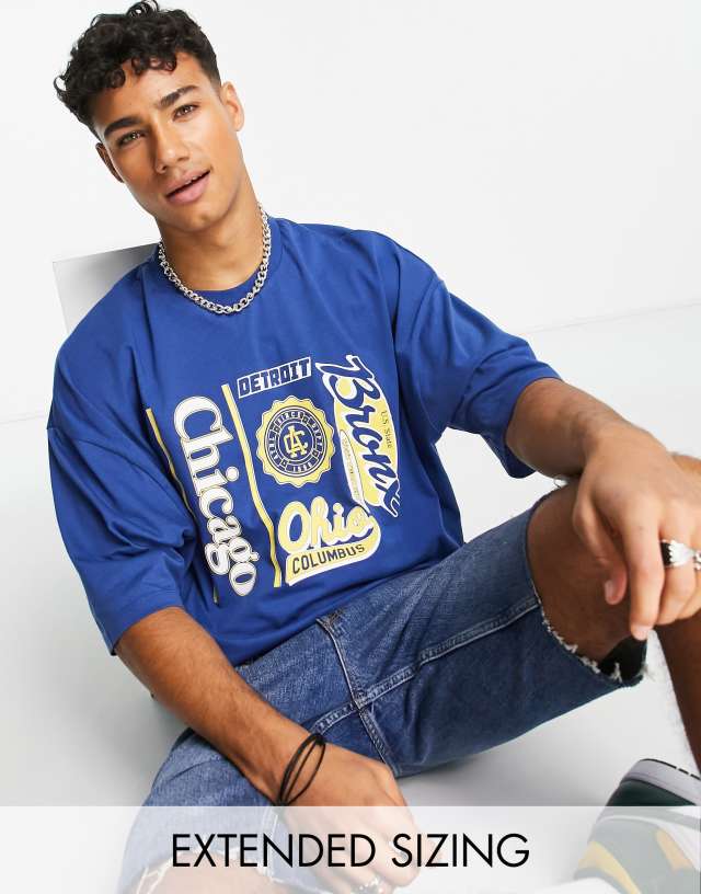 ASOS DESIGN oversized t-shirt in deep blue with Chicago city print