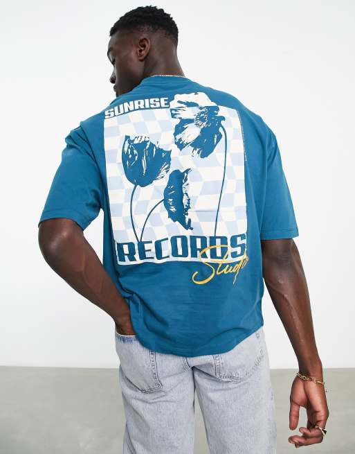 ASOS DESIGN oversized t-shirt in deep blue with photographic rose and checkerboard back print