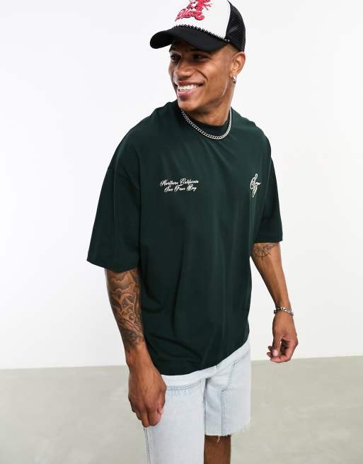 ASOS DESIGN oversized t-shirt in deep green with script front prints