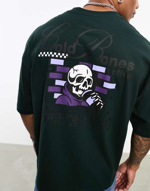 ASOS DESIGN oversized t-shirt in deep green with skate skull back