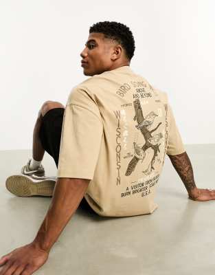 ASOS DESIGN - Oversized T-shirt in donkerbeige met vogelprint op de achterkant