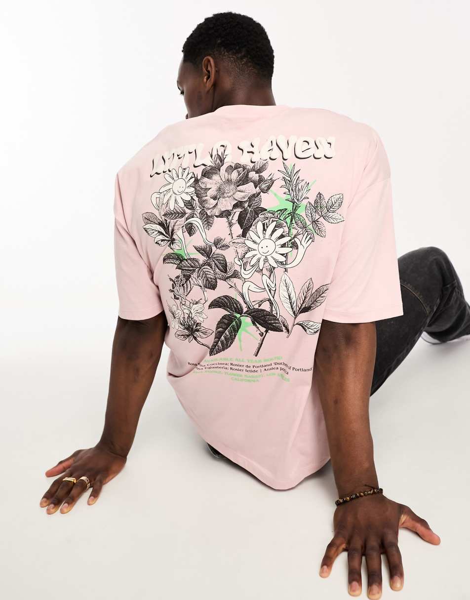 ASOS DESIGN oversized t-shirt in dusty pink with floral back print