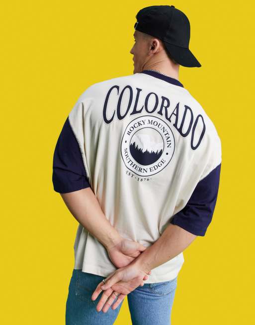 ASOS DESIGN oversized T-shirt in ecru & navy color block with Colorado text print