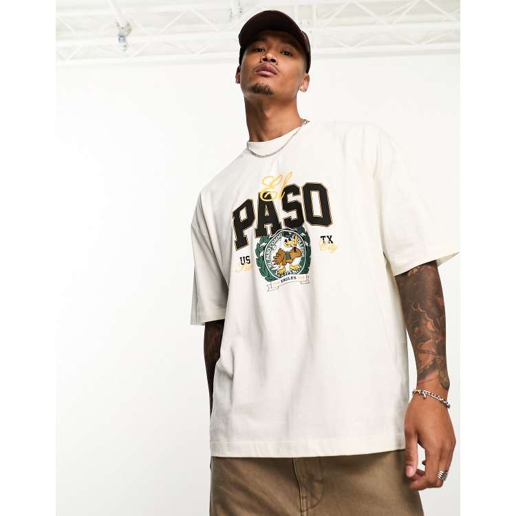 ASOS Design Oversized Baseball T-Shirt in Ecru with City Text Graphics-White