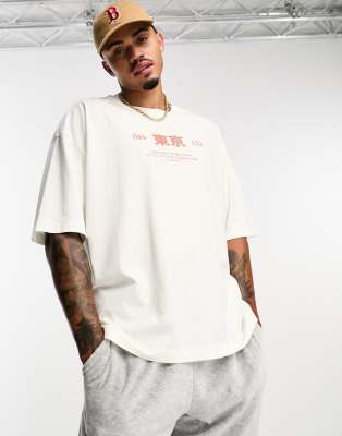 ASOS Design Oversized Baseball T-Shirt in Ecru with City Text Graphics-White