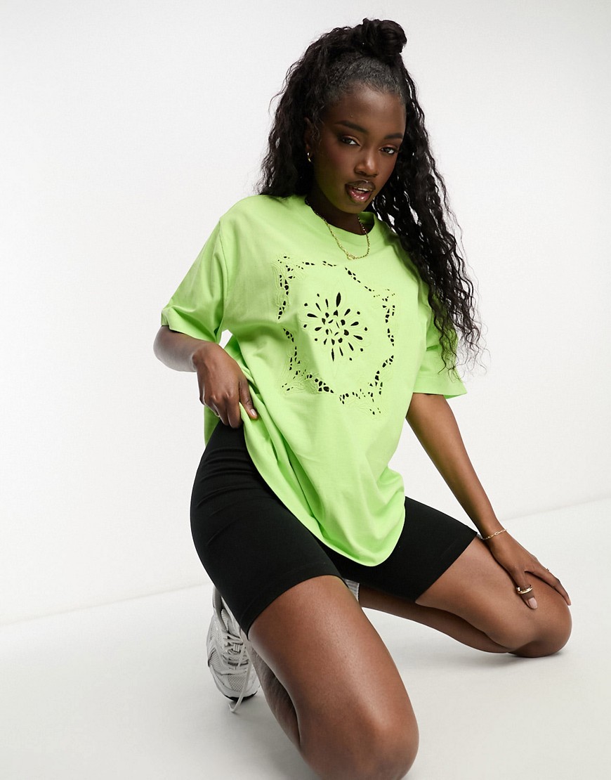 ASOS DESIGN Oversized t-shirt in embroidered cutwork in lime-Green
