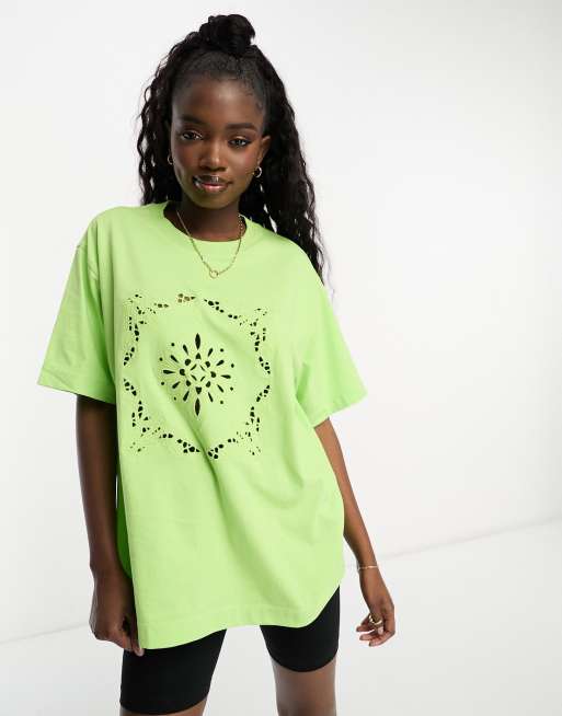 ASOS DESIGN oversized T-shirt in embroidered cutwork in lime | ASOS