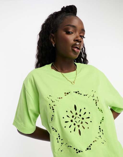 ASOS DESIGN oversized T-shirt in embroidered cutwork in lime | ASOS