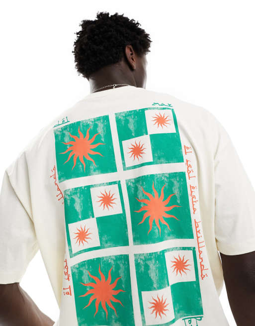 ASOS DESIGN - Oversized T-shirt in gebroken wit met tegelprint met zonnen op de rug en op de borst