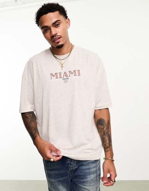 ASOS DESIGN - Oversized T-shirt in gemêleerd beige met Miami-print op de voorkant, 4 van 4