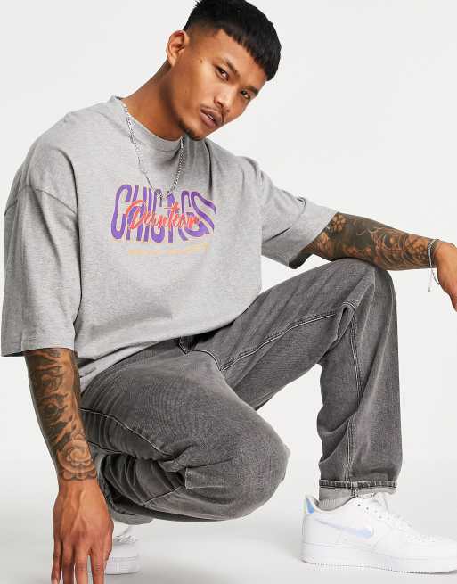 ASOS DESIGN - Oversized T-shirt in gemêleerd grijs met Chicago print