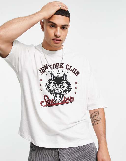 ASOS DESIGN - Oversized T-shirt in gemêleerd wit met collegestijl print