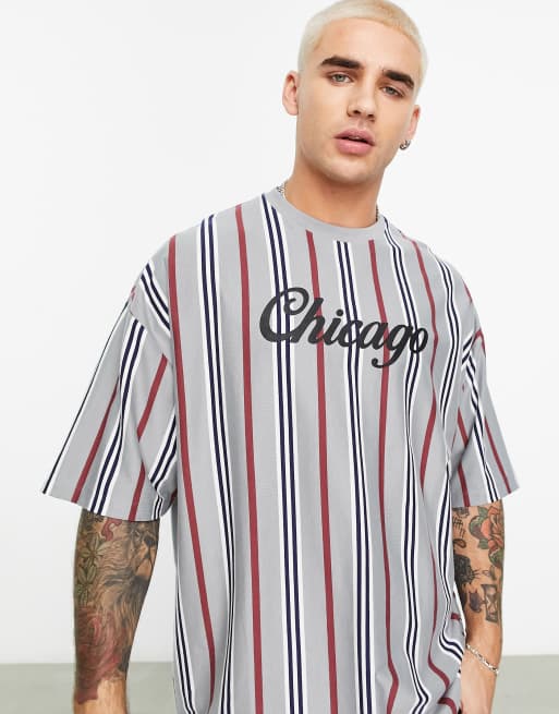 ASOS DESIGN - Oversized T-shirt in gestreept grijs met stadsprint