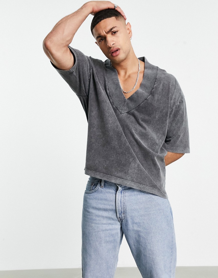 ASOS DESIGN oversized T-shirt in gray acid wash with V-neck-Grey