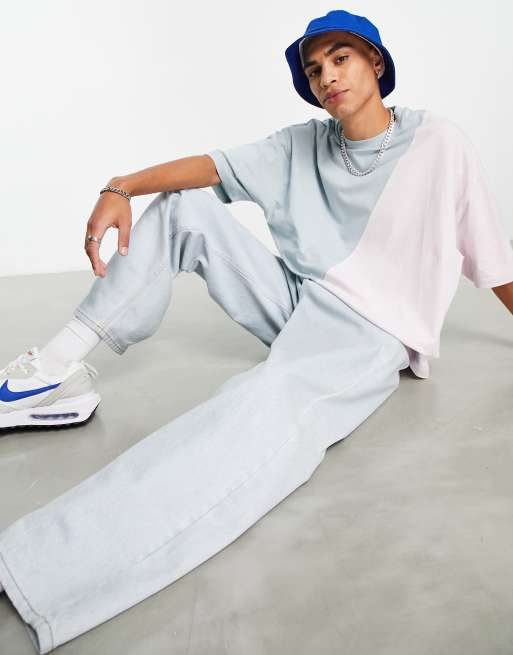 ASOS DESIGN oversized T-shirt in gray and blue color block with cartoon ...