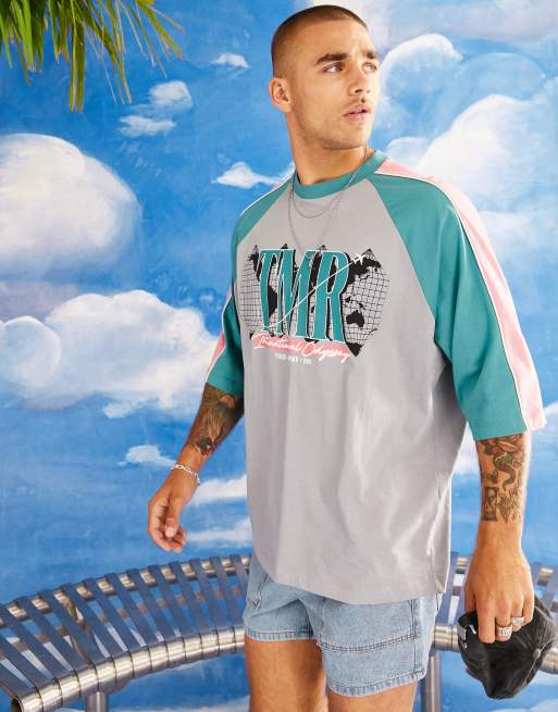 ASOS DESIGN oversized t-shirt in gray and blue color block with graphic print