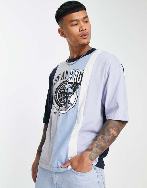ASOS DESIGN oversized t-shirt in gray and blue color block with Los Angeles city print