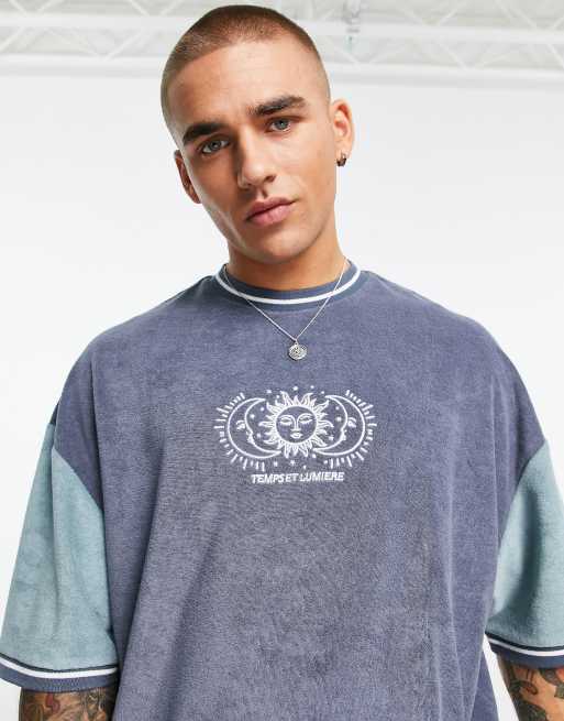 ASOS DESIGN oversized T-shirt in gray color block in terrycloth with celestial embroidery