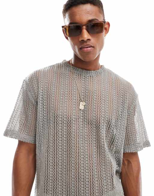 ASOS DESIGN oversized T-shirt in gray crochet