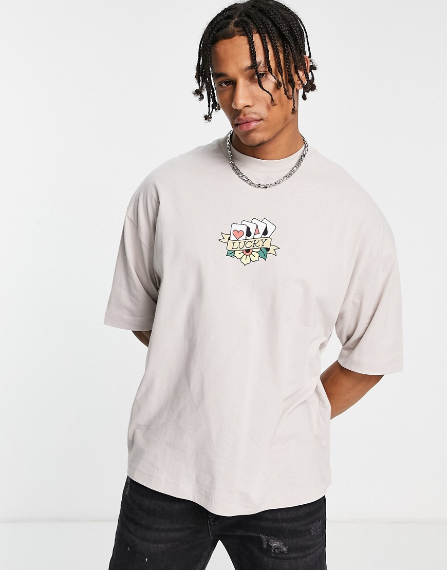ASOS DESIGN oversized T-shirt in gray with lucky cards chest print-Neutral