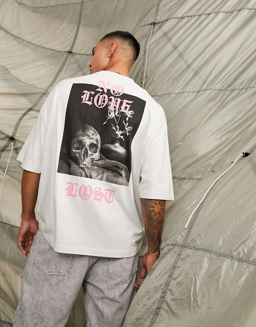 ASOS DESIGN oversized t-shirt in gray with skulls back print