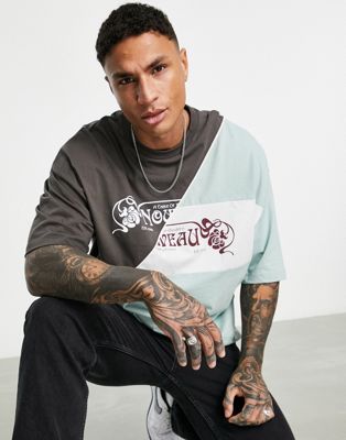 ASOS DESIGN oversized t-shirt in green and grey colour block with print