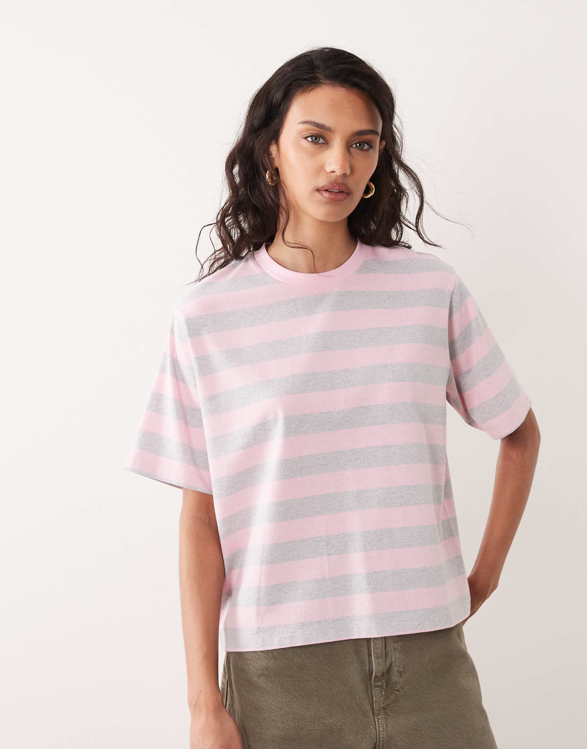asos design oversized t-shirt in green and pink stripe