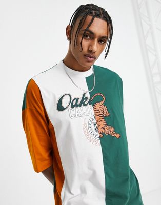 ASOS DESIGN oversized t-shirt in green and white colour block with California city print