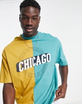 ASOS DESIGN oversized t-shirt  in green and yellow colour block with Chicago city print
