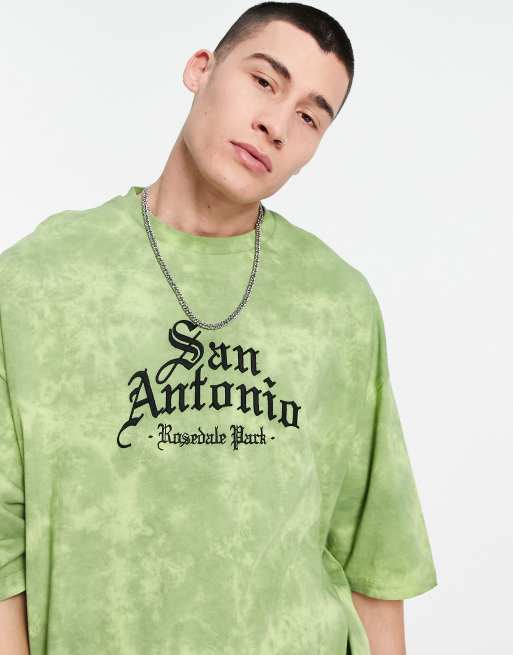 ASOS DESIGN oversized t-shirt in green bleach wash with city chest print, 2 of 4