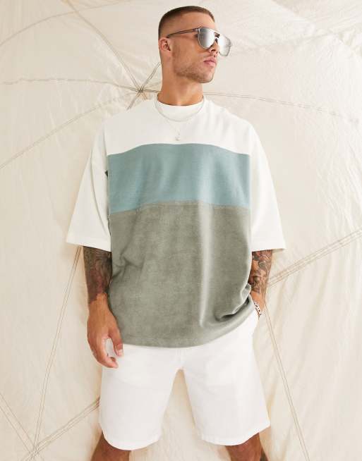 ASOS DESIGN oversized t-shirt in green color block in towelling