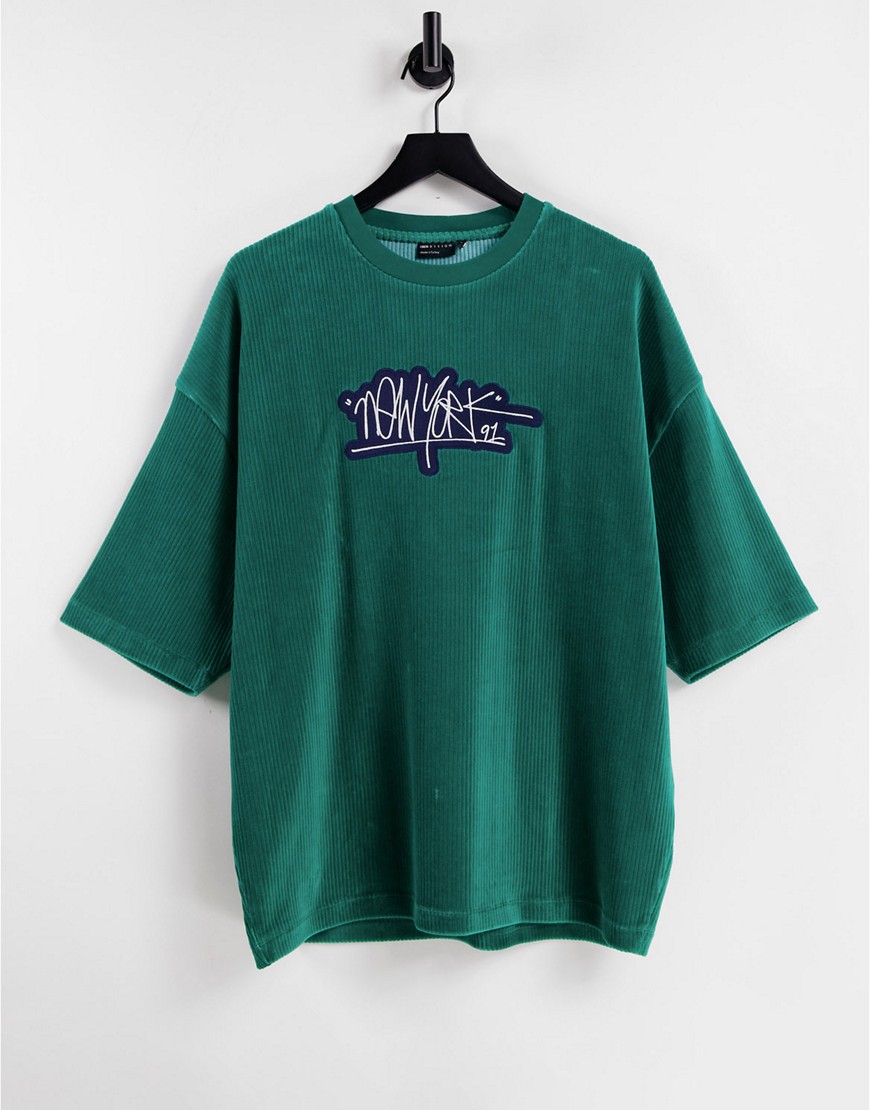 ASOS DESIGN oversized t-shirt in green ribbed velour with New York City embroidery