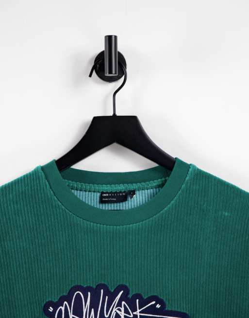 ASOS DESIGN oversized t-shirt in green ribbed velour with New York City  embroidery