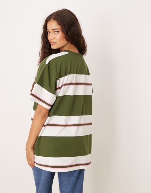 ASOS DESIGN oversized T-shirt in green stripe with sports society graphic, 3 of 4