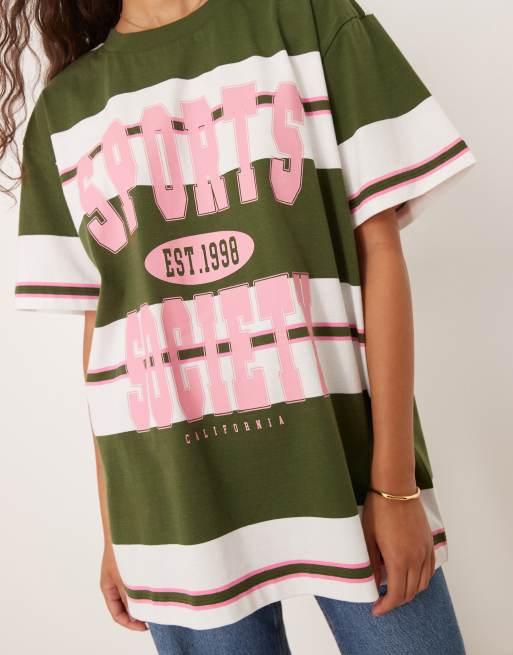 ASOS DESIGN oversized T-shirt in green stripe with sports society graphic, 4 of 4