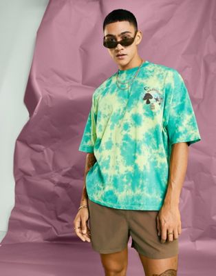 ASOS DESIGN oversized t-shirt in green tie dye with mushroom chest ...