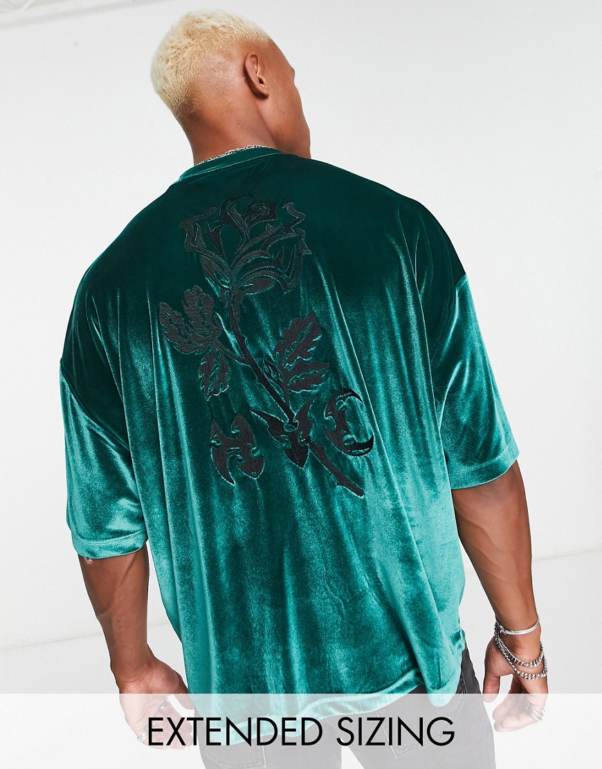 ASOS DESIGN oversized t-shirt in green velour with back embroidery