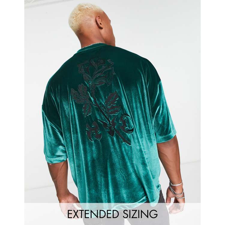 ASOS DESIGN oversized t-shirt in green velour with back embroidery