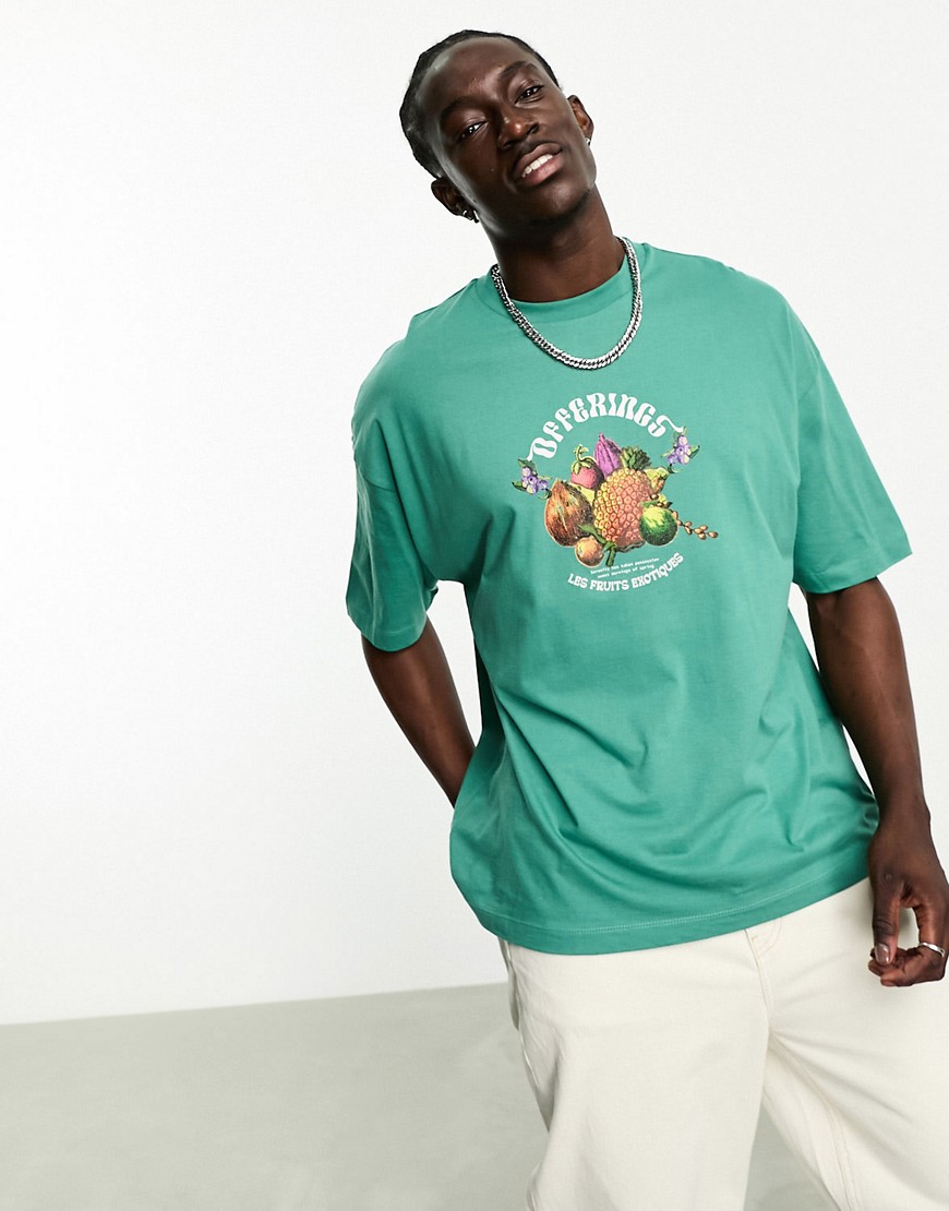 ASOS DESIGN oversized t-shirt in green with fruit-bowl print