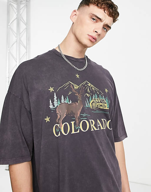  oversized t-shirt in grey acid wash with Colorado print 